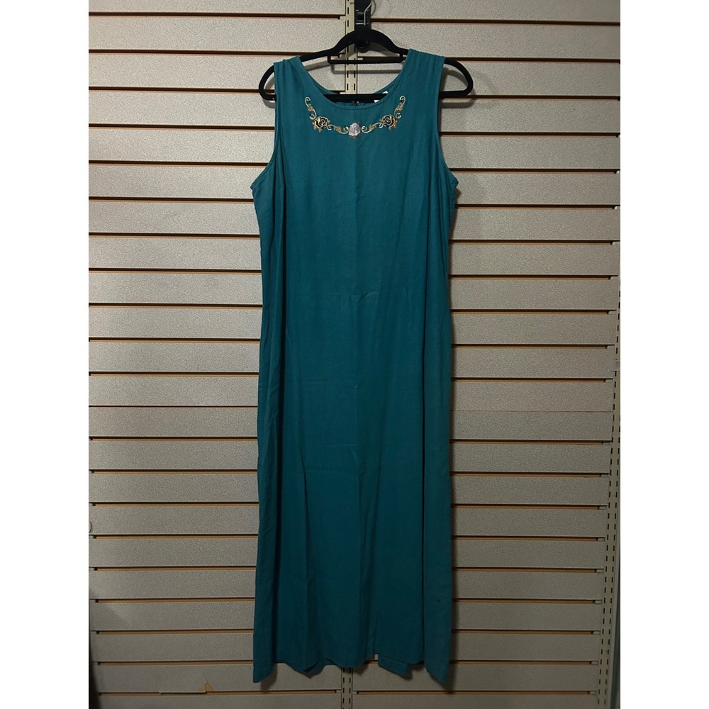 Vintage Teal Linen Blend Embroidered Floral Maxi Dress Sleeveless Size 16